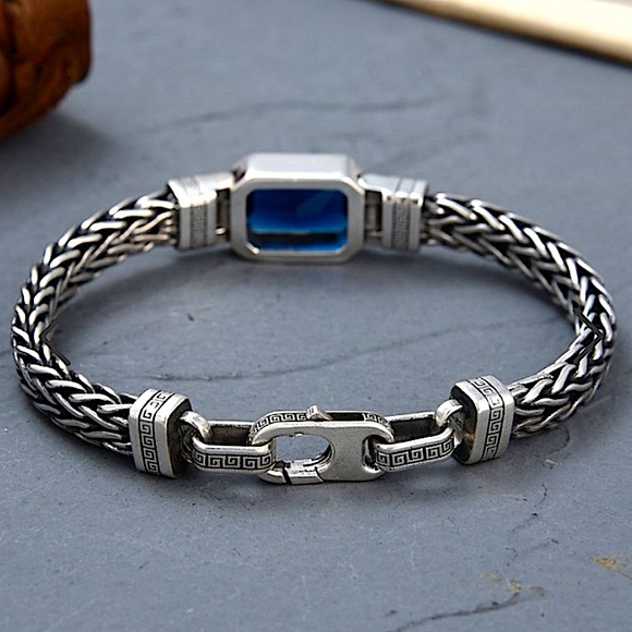 Sterling Silver Blue Zircon Braided Bracelet, Unisex, Handmade - Picture 11 of 15